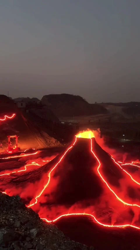 Vertical Video of Artificial Volcano Eruption Light Show with Smoke Stock Footage 325827778
