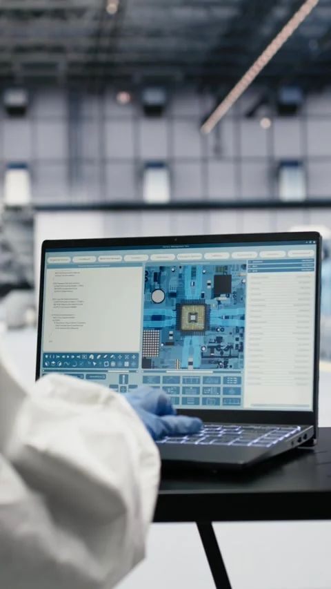 Vertical video Assessing hardware fabrication, laptop software and engineer Video stock 333614734