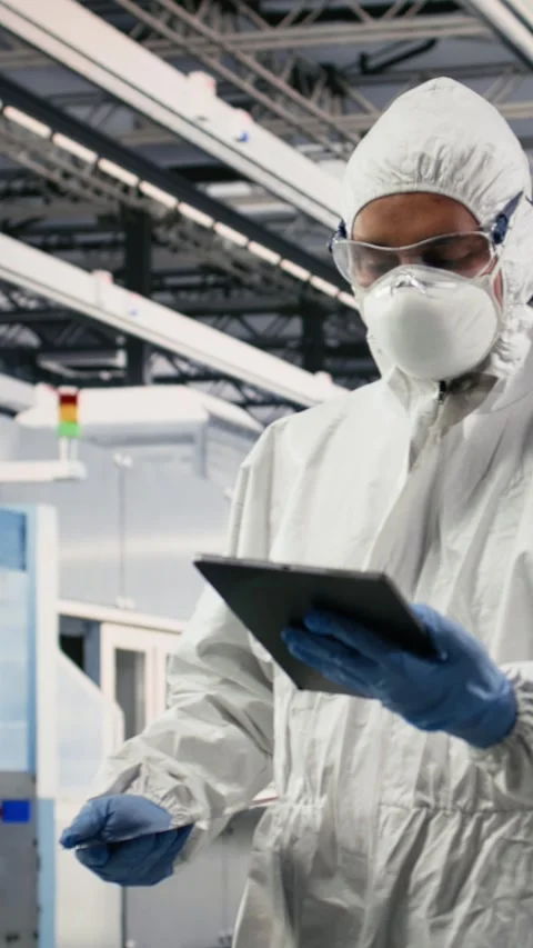 Vertical video Assessing hardware fabrication, tablet and technician in Stock Footage 333615193