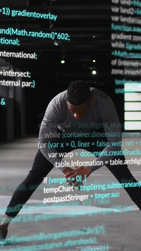 Vertical video: Athlete bending at hips, reaching ankles, warming up amid cyan Vídeos de archivo 329613013