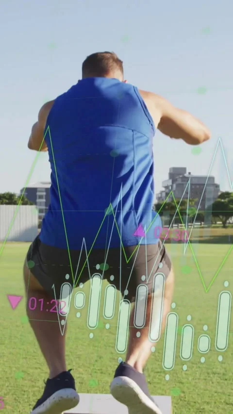 Vertical video: Athlete stepping onto box, jumping and squatting, HUD updating Stock Footage 331009159