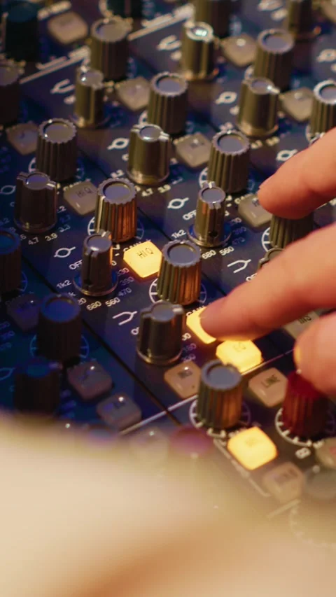 Vertical Video Audio technician twisting pre amp knobs and buttons on board in 스톡 동영상 270861602