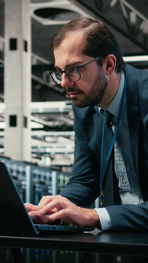 Vertical video Augmented reality simulation, laptop and engineer in data center Stock Footage 329943681