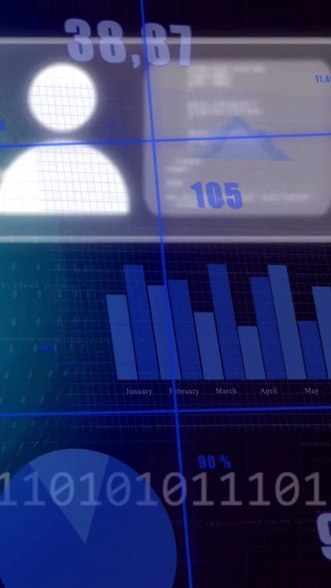 Vertical video: Auto panning across data HUD showing bits overlay over user and Stock Footage 332775804