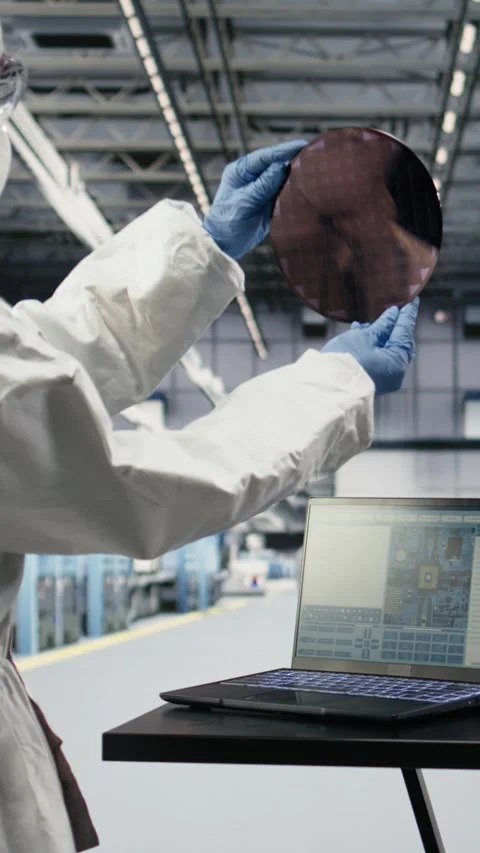 Vertical video Automated microchip foundry engineer assessing hardware Stock Footage 333615140