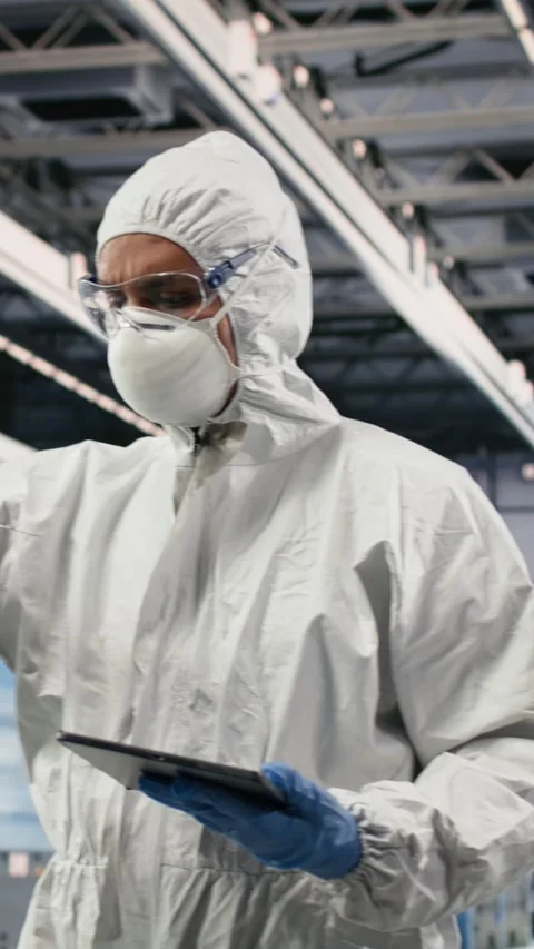Vertical video Automated microchip foundry lab technician assessing hardware Stock Footage 333615162