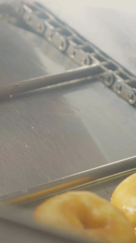 Vertical video Automated production of ring doughnuts on a conveyor belt Stock Footage 316486419