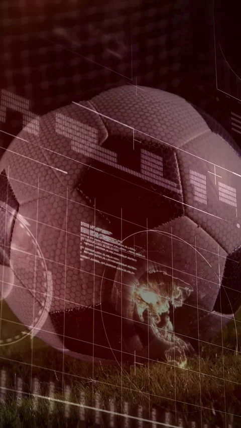 Vertical video: Automated scan activating HUD overlays analyzing soccer ball for Stock Footage 332598750
