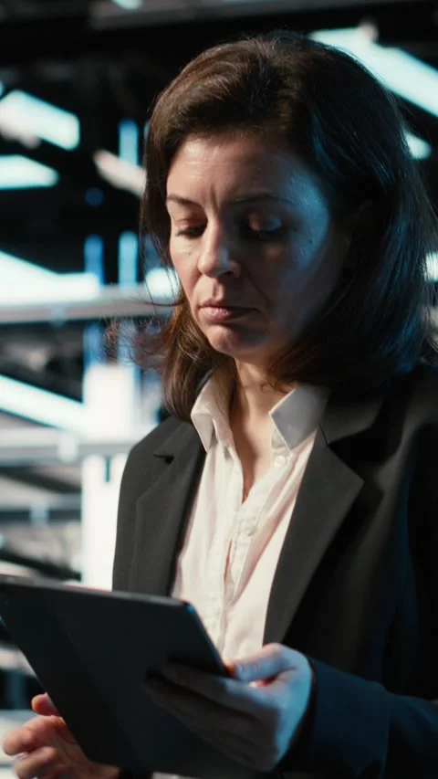 Vertical video Automation, tablet and engineer walking in data center Stock Footage 329318800