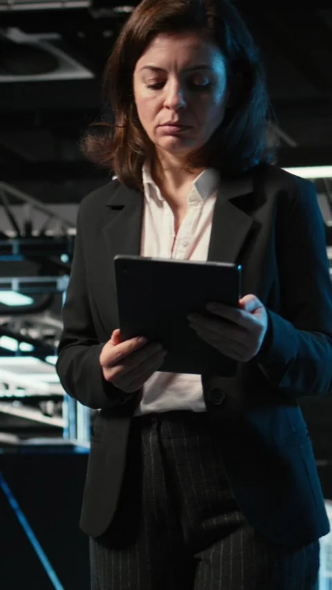 Vertical video Automation, tablet and engineer walking in data center Stock Footage 329319388