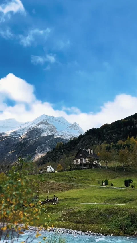 Vertical Video, Autumn Forest Stream in Gavarnie-Gèdre Stock Footage 318078686