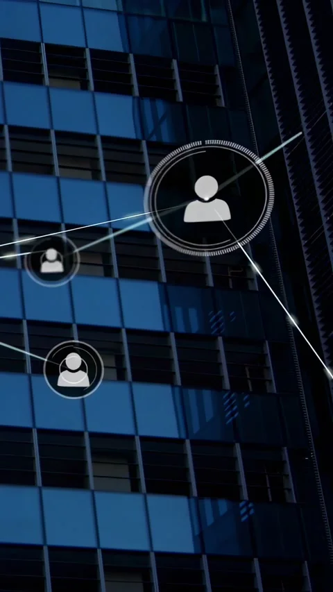 Vertical video: Avatar network growing on glass facade, left node starting Stock Footage 334602808