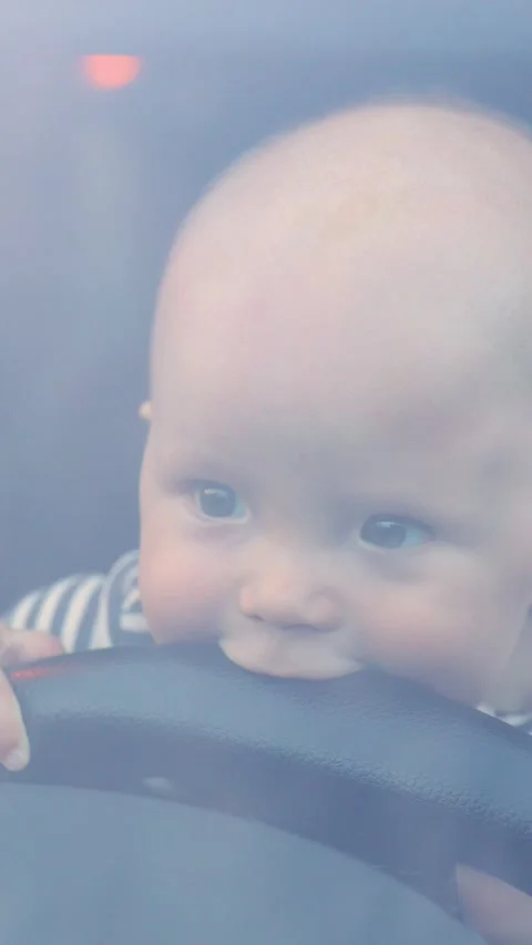Vertical video. A baby eagerly explores the steering wheel of a car, licking it. Video stock 308660668