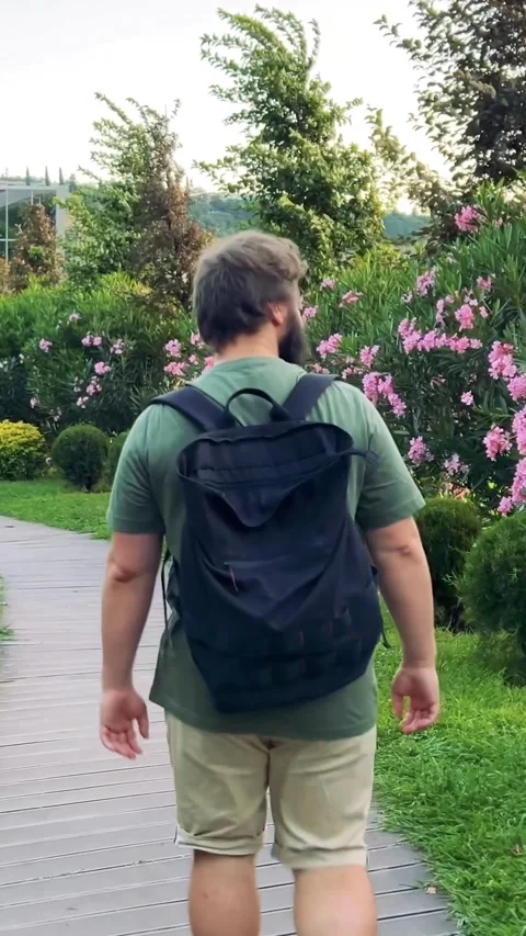 Vertical video. Back view. Man walks along path in blooming flower alley Video stock 282106776