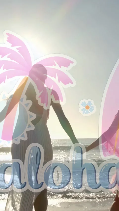 Vertical video: Backlit pan revealing three women wading surf with aloha sticker Video stock 333304388