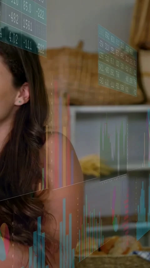 Vertical video: Baker coming holding box showing goods, smiling as data floating Stock Footage 333633021