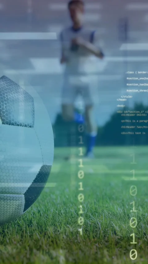 Vertical video: Ball holding focus, player jogging causing sports binary code Stock Footage 333465131