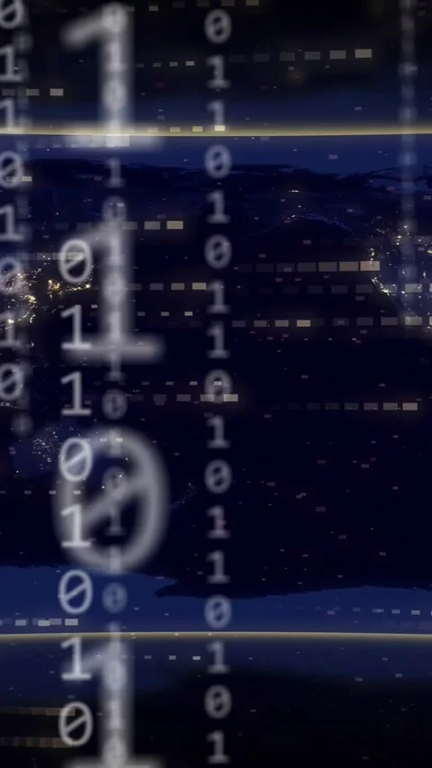 Vertical video: Bands appearing binary streams falling user nodes linking Earth Vídeo Stock 335802618