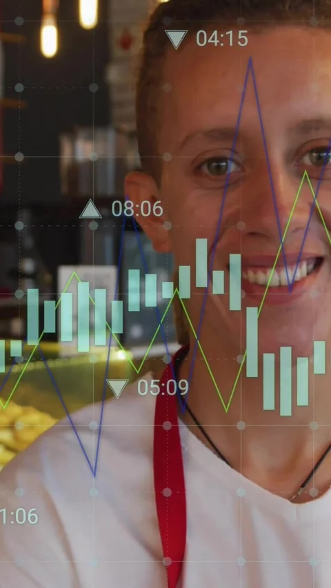 Vertical video: Barista centering as frames advance, smiling while AR sales 스톡 동영상 330581142