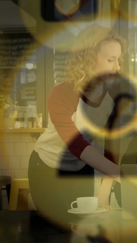 Vertical video: Barista placing cup at POS, serving order while overlay drifting Video stock 332317800