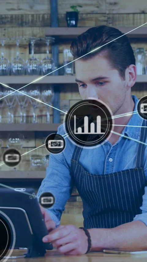 Vertical video: Barista tapping tablet, overlay expanding into network nodes Stock Footage 332823293