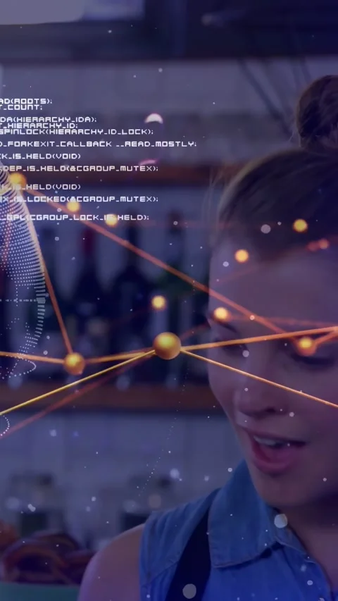 Vertical video: Baristas working cafe as rotating orange node overlay shifting Video stock 331334178