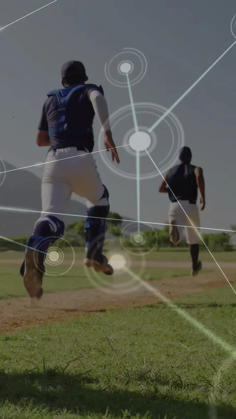 Vertical video: Baseball drill lead running away catcher in gear chasing HUD Stock Footage 331199211