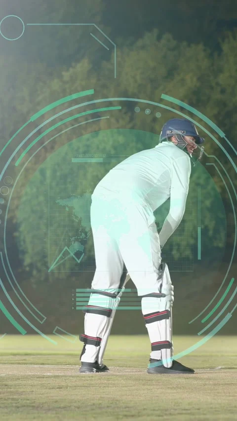 Vertical video: Batsman bracing and driving on ball, HUD overlay analyzing swing Stock Footage 333465120