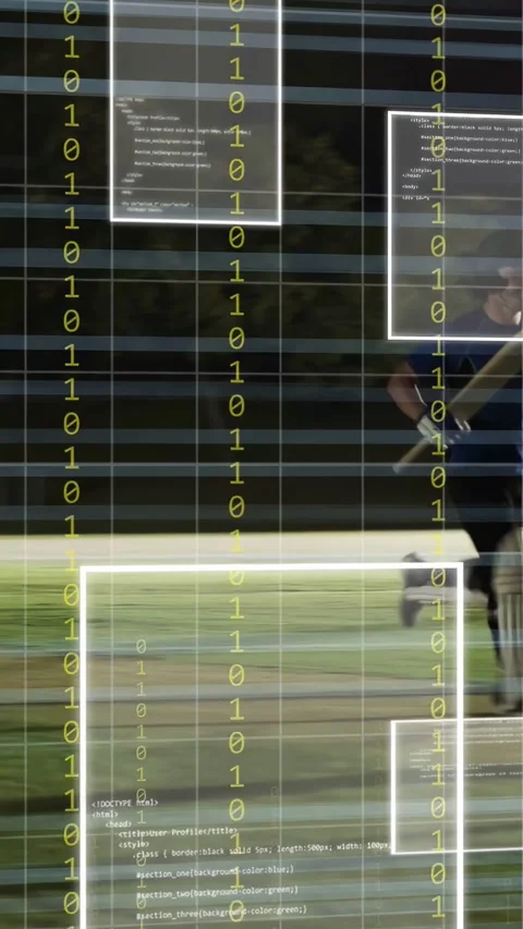Vertical video: Batsmen running, one hitting ball under lights, AR overlay Stock Footage 333895860
