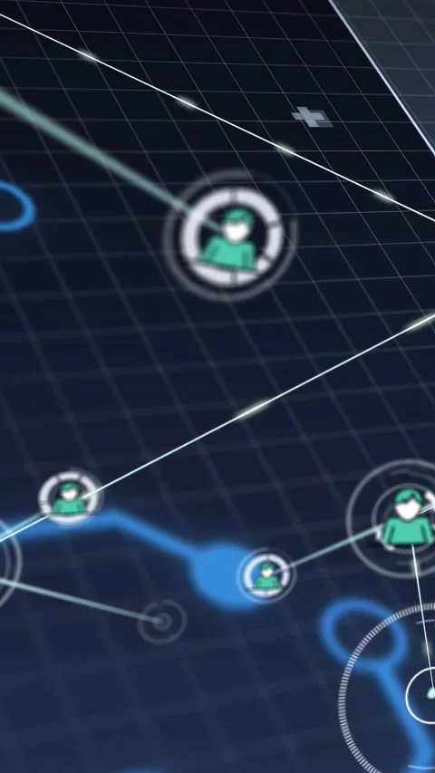 Vertical video: Beam sweeping grid, drawing paths, avatars linking, showing tech Stock Footage 332595110