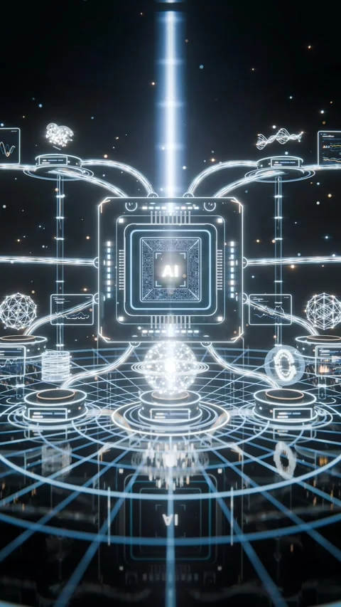 Vertical video: Beaming light guiding AI chip descending onto neon grid, Stock Footage 348243868