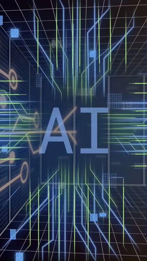 Vertical video: Beams starting AI text floating, neon traces moving, code Stock Footage 335678055