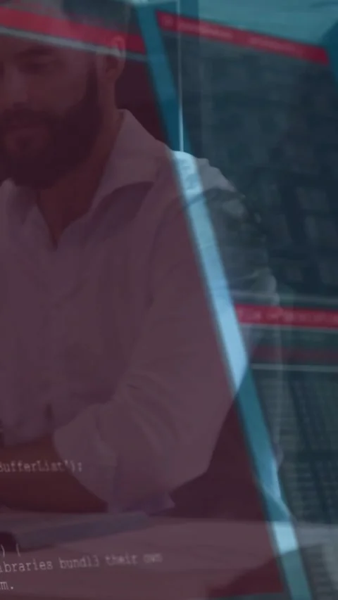 Vertical video: Bearded man reading docs in tech meeting camera framing Stock Footage 331199121