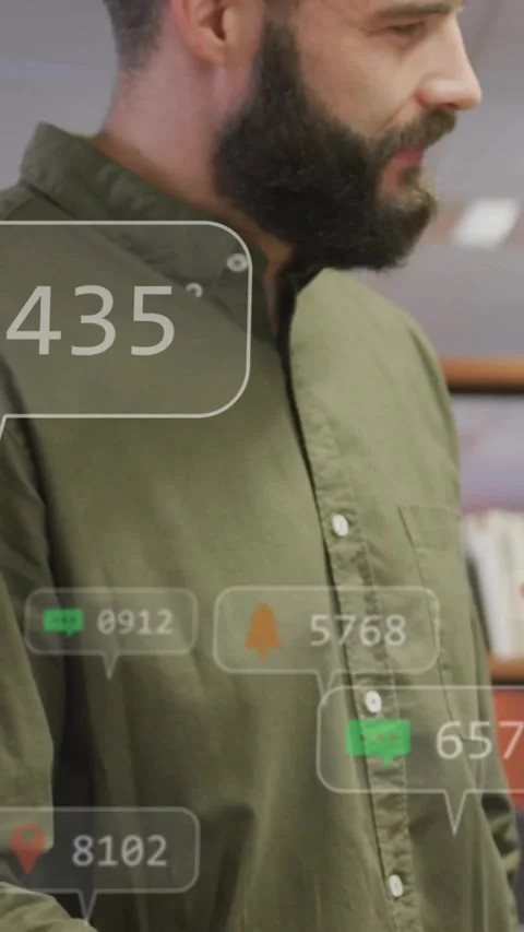 Vertical video: Bearded man talking alerts stacking as bubbles overlaying chest Stock Footage 333020565