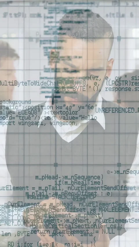 Vertical video: Bearded man tapping tablet in office, reviewing code while HUD Stock Footage 331238751