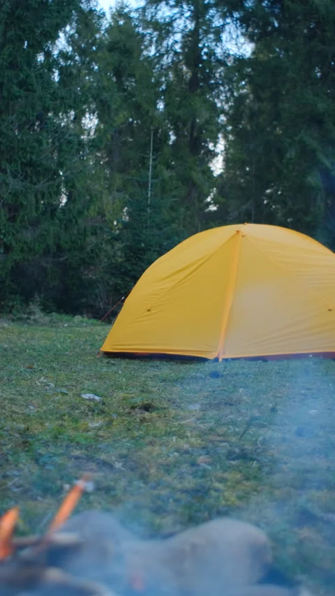 Vertical video of beautiful campfire and yellow tent on background spring forest Stock Footage 271225395