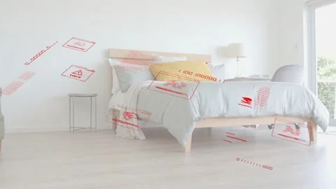 Vertical video: Bed with AI tech panels drifting across bedroom triggered by Stock Footage 332642347