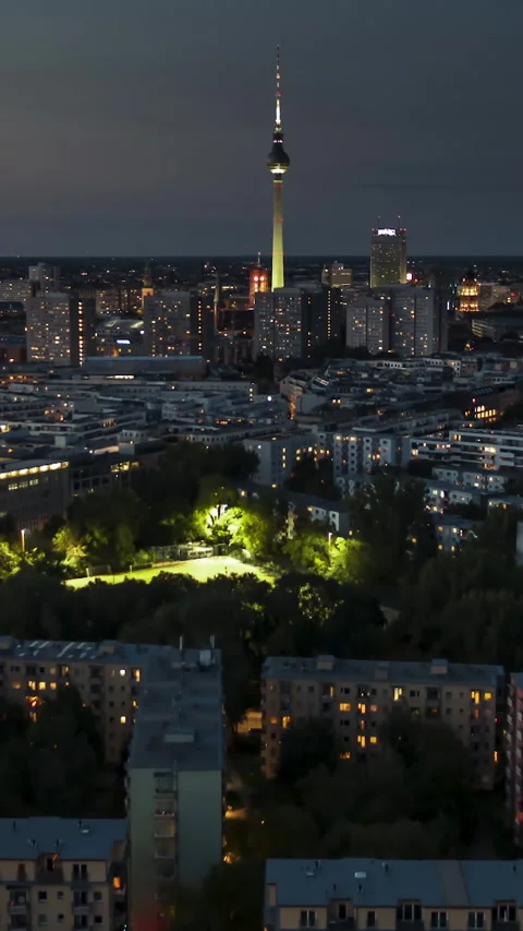 Vertical Video of Berlin, Vertical Aerial View Shot, night, evening Stock Footage 270768034