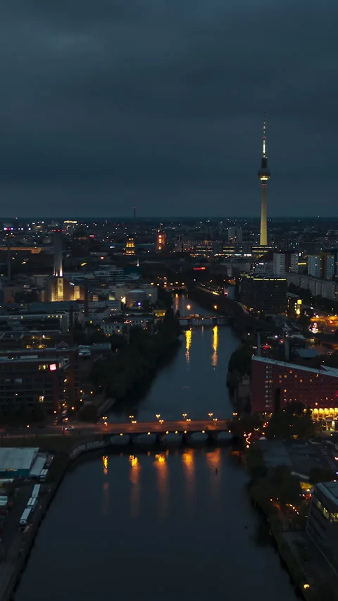Vertical Video of Berlin, Vertical Aerial View Shot, night, evening Stock Footage 270769015