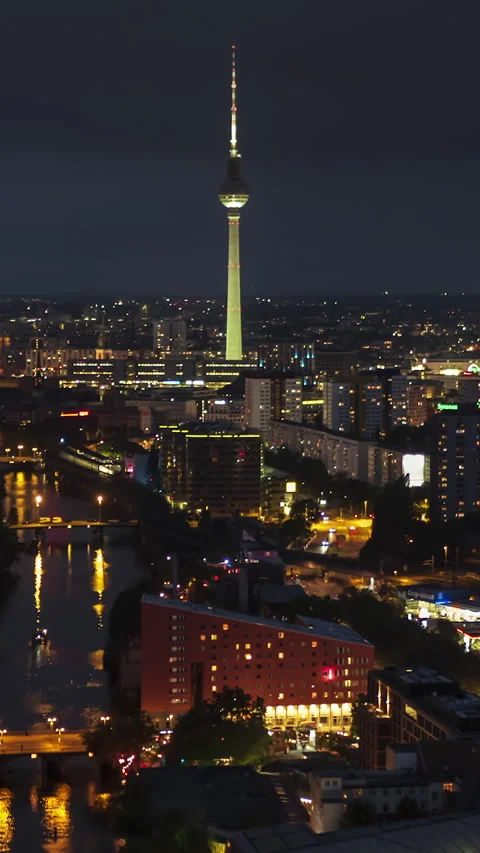 Vertical Video of Berlin, Vertical Aerial View Shot, night, evening Video stock 270769701