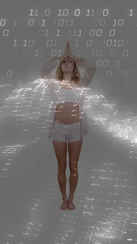 Vertical video: Binary and dotted wave appearing, woman raising arms and Stock Footage 332334792