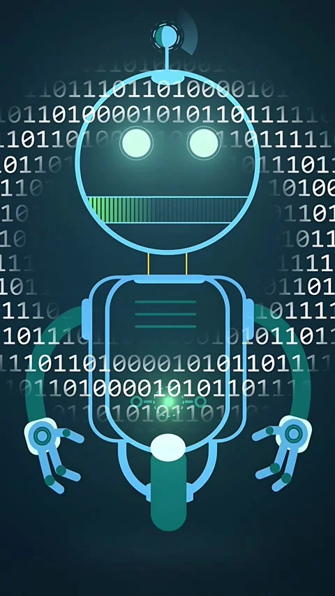 Vertical video: Binary appearing, robot shifting eyes, antenna rotating, core Stock Footage 334378112