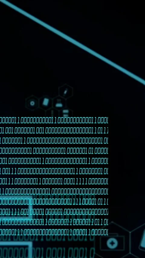 Vertical video: Binary cluster appearing teal network expanding linking hex Stock Footage 334378248