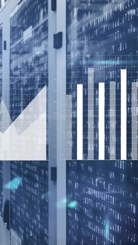Vertical video: Binary code starting HUD and charts animating across server Stock Footage 331333883