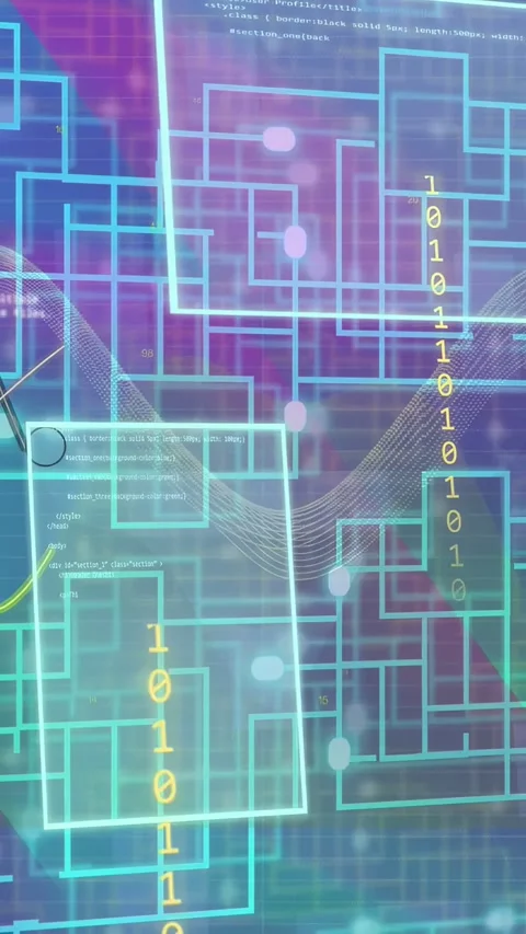 Vertical video: Binary column appearing hologram grid pulsing shifting waves Stock Footage 335802774