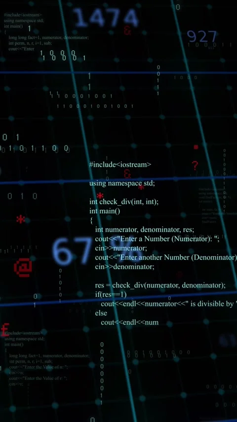 Vertical video: Binary columns appearing, C++ code column moving, zooming, Stock Footage 329612859
