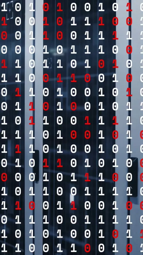 Vertical video: Binary columns flickering on play, highlighting red digits, Stock Footage 331274029