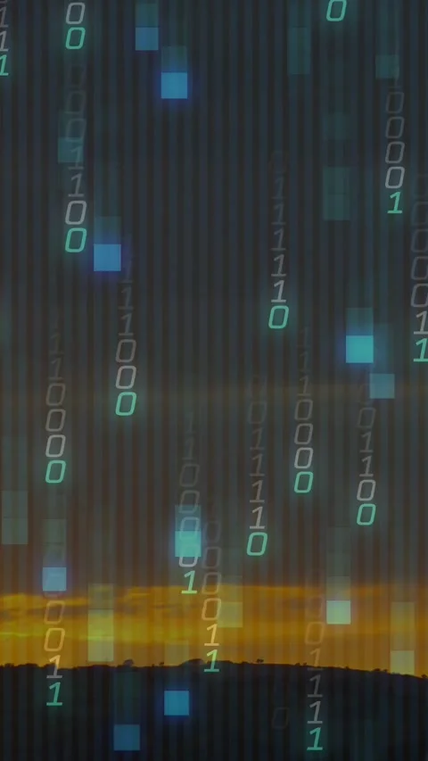 Vertical video: Binary digits appearing from top, cascading down near horizon, Vídeos de archivo 329552685