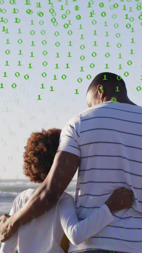 Vertical video: Binary digits descending then thinning, revealing father and son Stock Footage 330273098