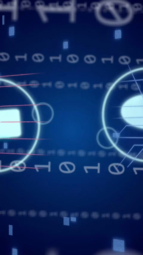 Vertical video: Binary driving icons in tech HUD, tracing lines, pulsing out for Stock Footage 332846357